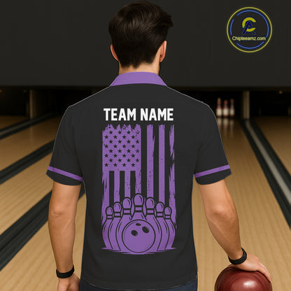 Custom Black and Purple American Flag Retro Bowling Team Hawaiian Shirts, Patriotic Bowling Outfits NQS11650