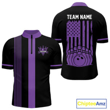 Load image into Gallery viewer, Custom Black and Purple American Flag Retro Bowling Team Shirts For Men, Patriotic Bowling Outfits NQS11650