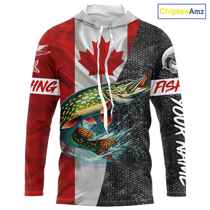 Canadian Flag Northern pike Fishing Custom long sleeve performance Fishing Shirt, pike Fishing jerseys NQS4927