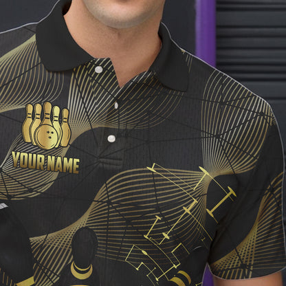 Personalized Black and Gold Bowling Polo, Quarter Zip Shirts For Men Custom Bowling Team League Jersey NQS9688