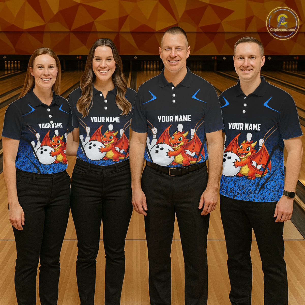Black and Blue Camo Funny Dragon Bowling Polo, 1/4 Zip Shirts For Women Custom Bowling Team Jerseys NQS11741