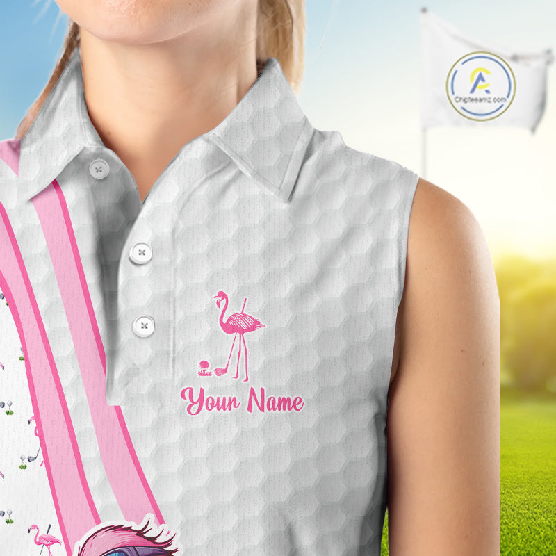 Funny Women sleeveless polo shirts custom pink and white flamingo pattern white golf shirts NQS8610