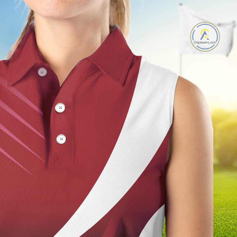 Women Sleeveless Polo Shirt custom name red and white golf shirt, tournament golf tops for ladies NQS10259