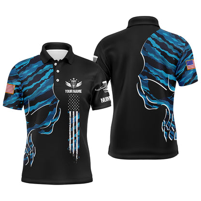Blue camo skull black US flag custom name, number Men disc golf polo shirts, disco golf outfit for men NQS6141