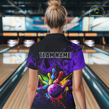Colorful bowling jersey Polo, 1/4 Zip Shirt for Women Custom Bowling Team shirts for bowler| Purple NQS8258