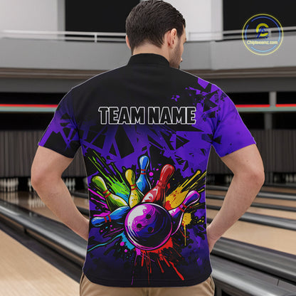 Colorful bowling jerseys Polo, 1/4 Zip Shirt for Men Custom Bowling Team shirts for bowler | Purple NQS8258