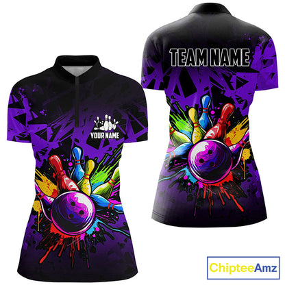 Colorful bowling jersey Polo, 1/4 Zip Shirt for Women Custom Bowling Team shirts for bowler| Purple NQS8258