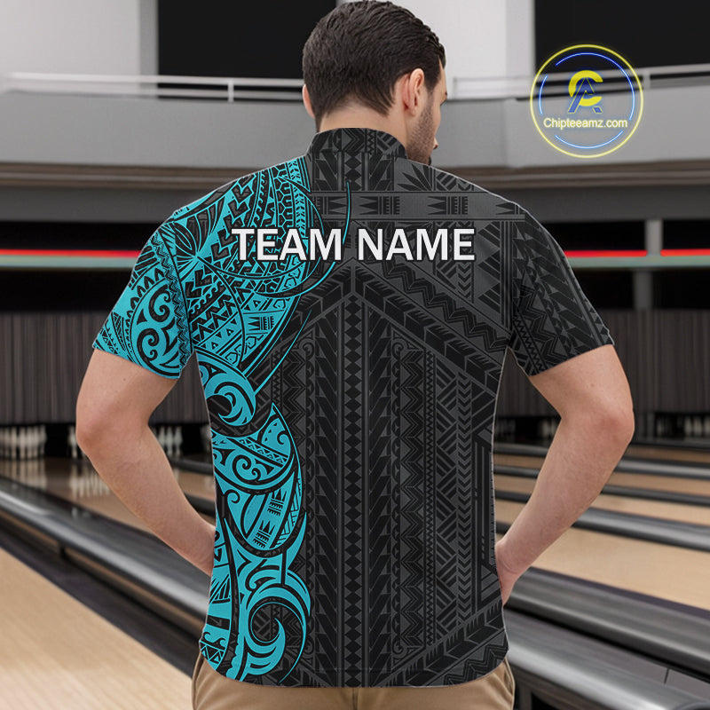 Black and Cyan Blue Tribal pattern Men Bowling Shirt Custom Bowling outfit men Team bowling jersey NQS10649