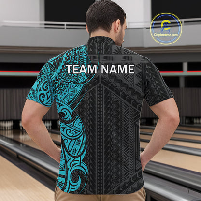 Black and Cyan Blue Tribal pattern Men Bowling Shirt Custom Bowling outfit men Team bowling jersey NQS10649