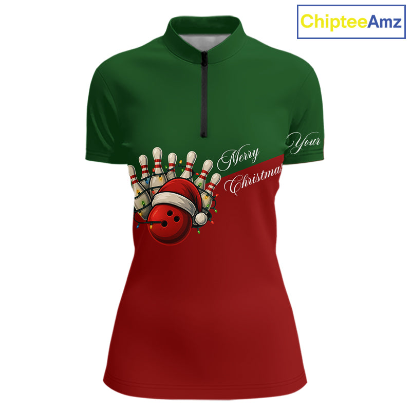Red and Green Christmas Bowling Polo, Quarter Zip Shirts For Women custom Ladies bowling jerseys NQS11052