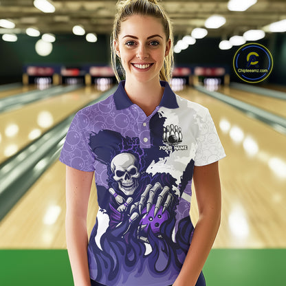 White and Purple Camo Flame Lightning Skull Bowling Shirts For Women Custom Bowling Team Jerseys NQS11055