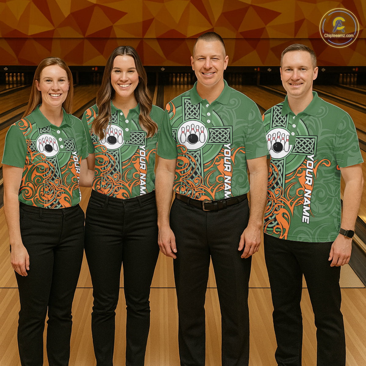 Green and orange Irish Tribal Cross St Patrick's Day Mens bowling shirts Custom Lucky Bowling Jerseys NQS11255