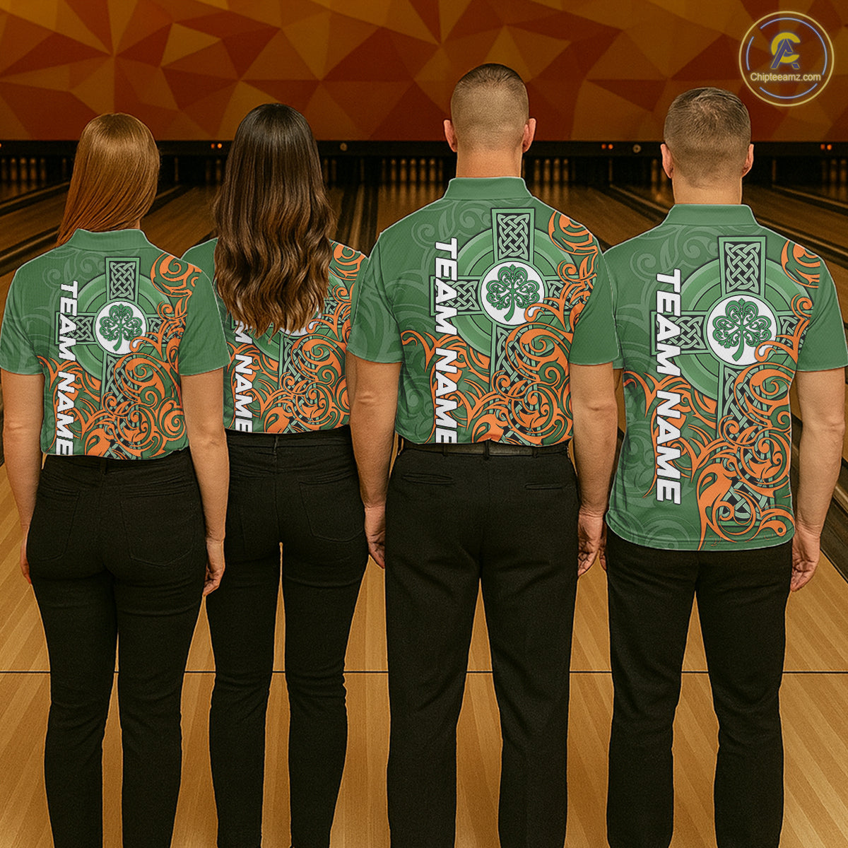 Green and orange Irish Tribal Cross St Patrick's Day Mens bowling shirts Custom Lucky Bowling Jerseys NQS11255