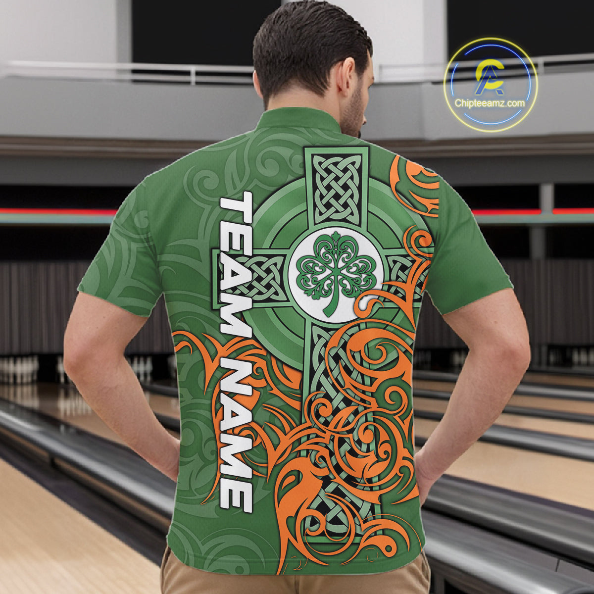 Green and orange Irish Tribal Cross St Patrick's Day Mens bowling shirts Custom Lucky Bowling Jerseys NQS11255