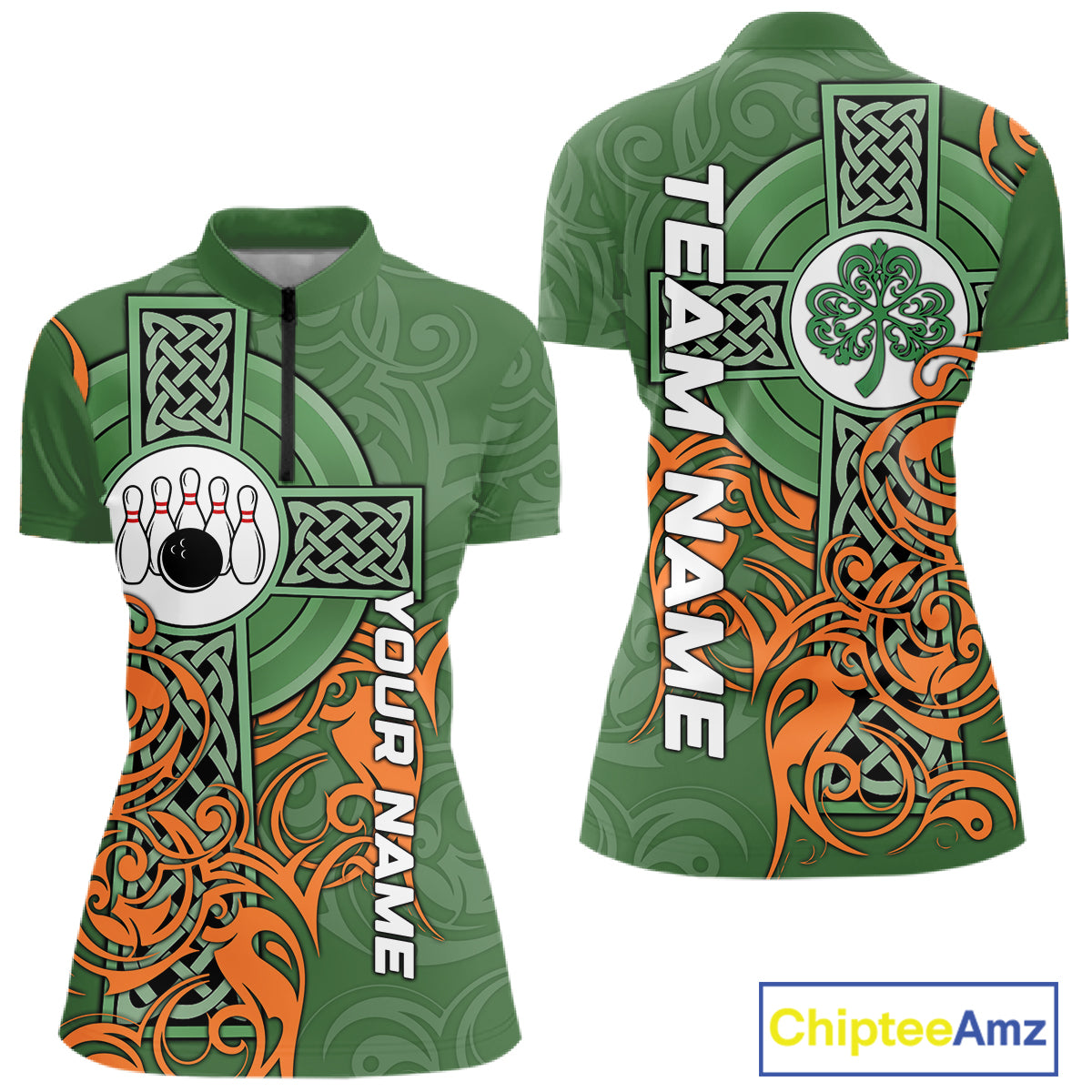 Green and orange Irish Tribal Cross St Patrick's Day Women bowling shirts Custom Lucky Bowling Jersey NQS11255