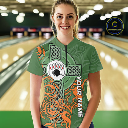 Green and orange Irish Tribal Cross St Patrick's Day Women bowling shirts Custom Lucky Bowling Jersey NQS11255