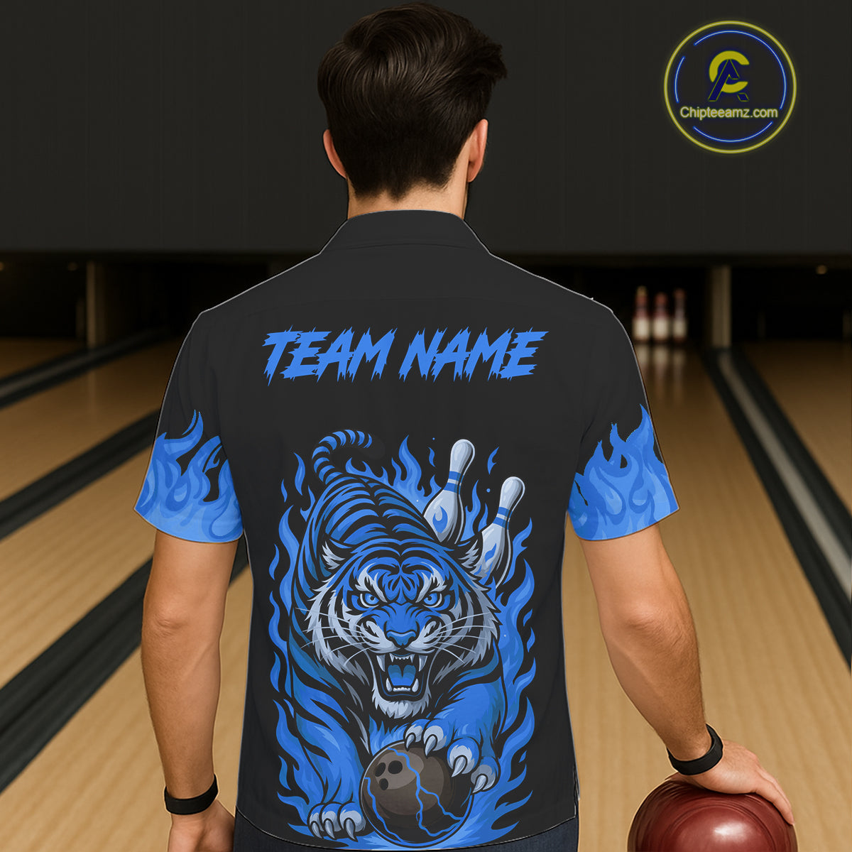 Black and Blue Flame Tiger Bowling Hawaiian Shirt Custom Team Tiger Bowling Jersey NQS11256