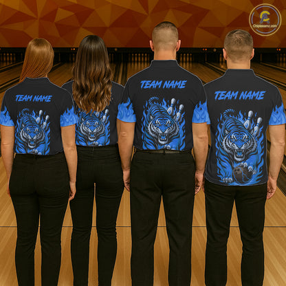 Black and Blue Flame Tiger Bowling Polo, 1/4 Zip Shirts for Women Custom Team Tiger Bowling Jersey NQS11256