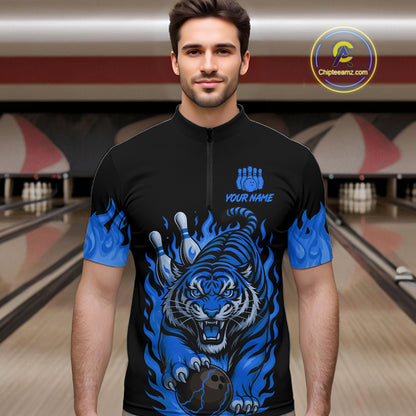 Black and Blue Flame Tiger Bowling Polo, 1/4 Zip Shirts for Men Custom Team Tiger Bowling Jersey NQS11256