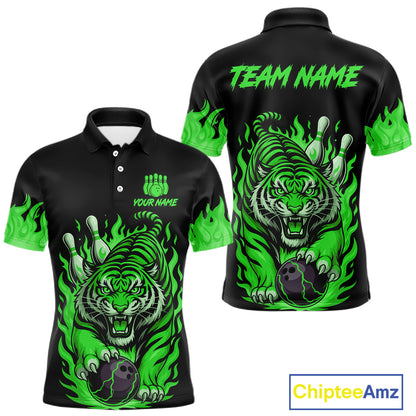 Black and Green Flame Tiger Bowling Polo, 1/4 Zip Shirts for Men Custom Team Tiger Bowling Jersey NQS11257