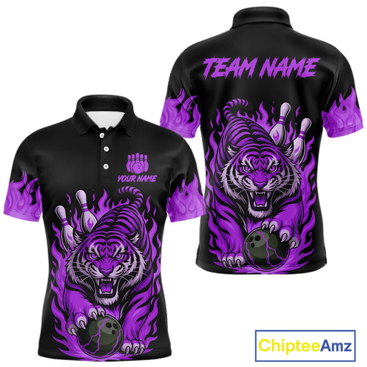 Black and Purple Flame Tiger Bowling Polo, 1/4 Zip Shirts for Men Custom Team Tiger Bowling Jersey NQS11258