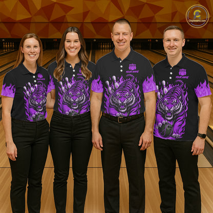 Black and Purple Flame Tiger Bowling Polo, 1/4 Zip Shirts for Women Custom Team Tiger Bowling Jersey NQS11258