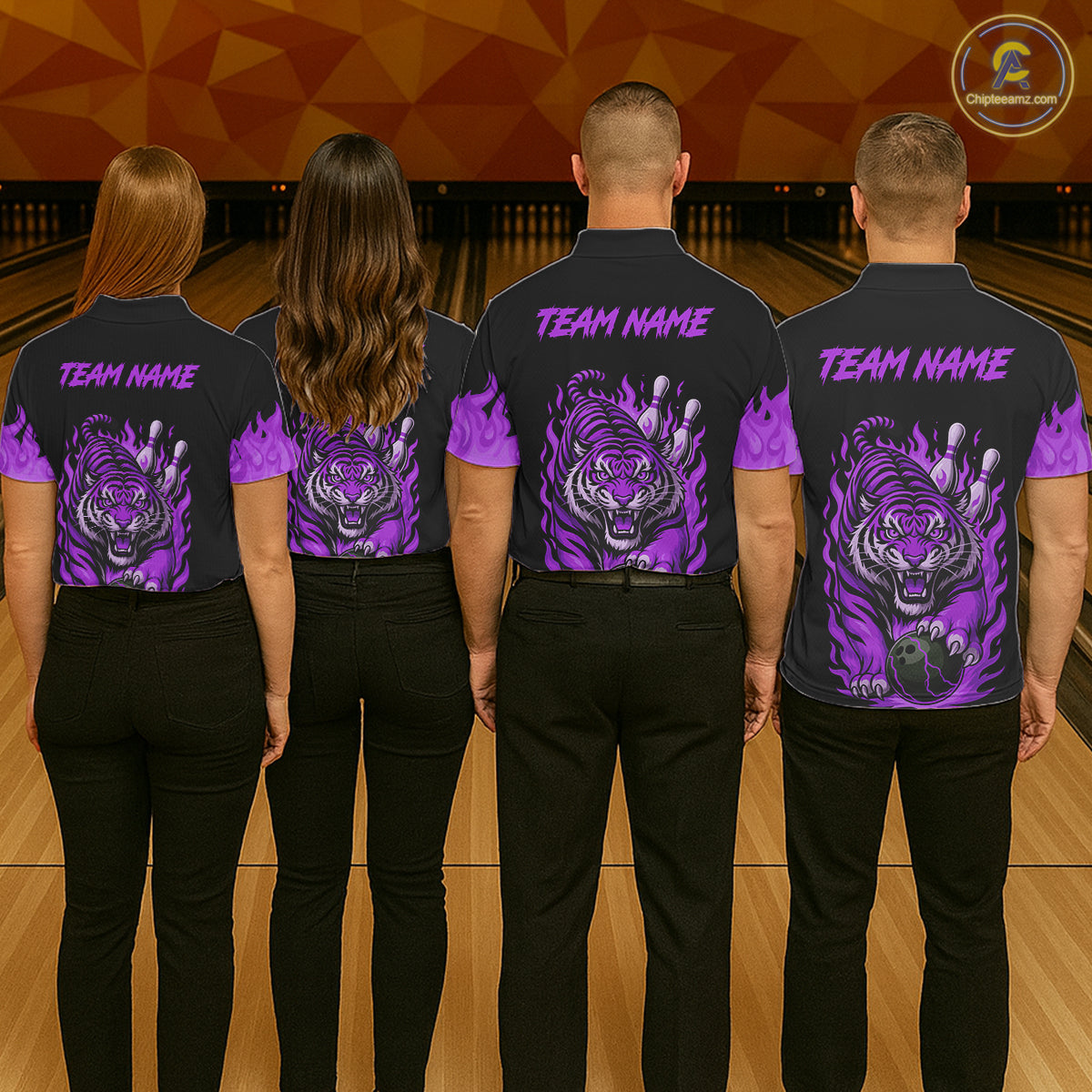 Black and Purple Flame Tiger Bowling Polo, 1/4 Zip Shirts for Women Custom Team Tiger Bowling Jersey NQS11258
