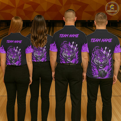 Black and Purple Flame Tiger Bowling Polo, 1/4 Zip Shirts for Women Custom Team Tiger Bowling Jersey NQS11258