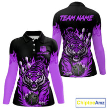 Load image into Gallery viewer, Black and Purple Flame Tiger Bowling Polo, 1/4 Zip Shirts for Women Custom Team Tiger Bowling Jersey NQS11258