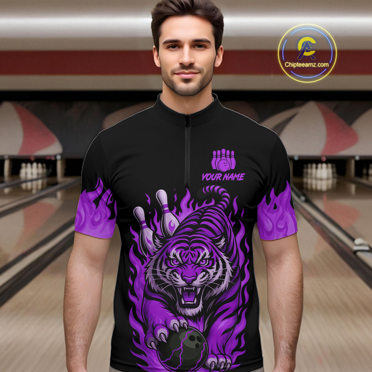 Black and Purple Flame Tiger Bowling Polo, 1/4 Zip Shirts for Men Custom Team Tiger Bowling Jersey NQS11258