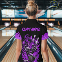 Load image into Gallery viewer, Black and Purple Flame Tiger Bowling Polo, 1/4 Zip Shirts for Women Custom Team Tiger Bowling Jersey NQS11258