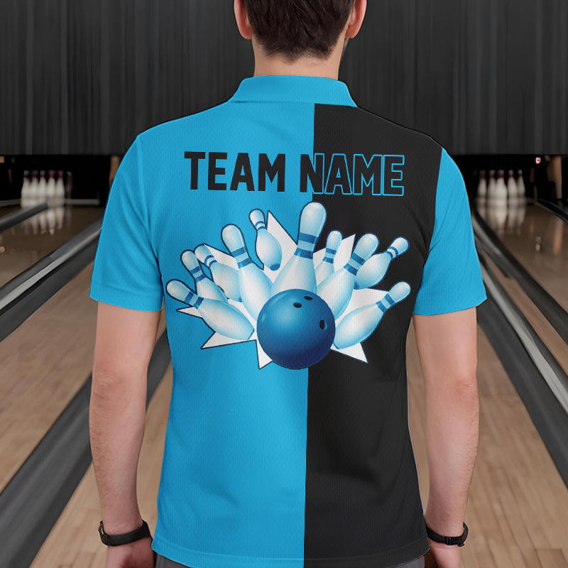 Cyan Blue and Black retro vintage Bowling polo, quarter zip shirts for men custom Bowling team jerseys NQS9534
