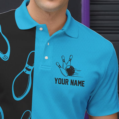 Cyan Blue and Black retro vintage Bowling polo, quarter zip shirts for men custom Bowling team jerseys NQS9534