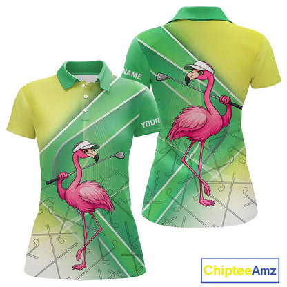 Funny Pink Flamingo Golf Polo Shirts for Women Custom Flamingo ladies golf outfit | Green NQS11746