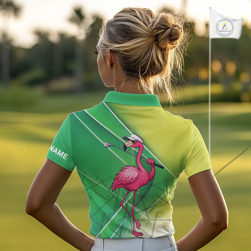 Funny Pink Flamingo Golf Polo Shirts for Women Custom Flamingo ladies golf outfit | Green NQS11746