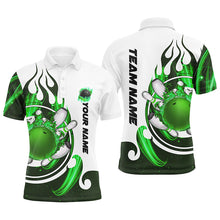 Load image into Gallery viewer, White Mens bowling shirts Custom green flame bowling ball and pins Jerseys polo, quarter zip shirts NQS7635