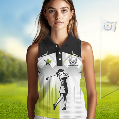 Black and White Women sleeveless polo shirt Custom ladies Golf top, personalized golf gifts | Green NQS10127