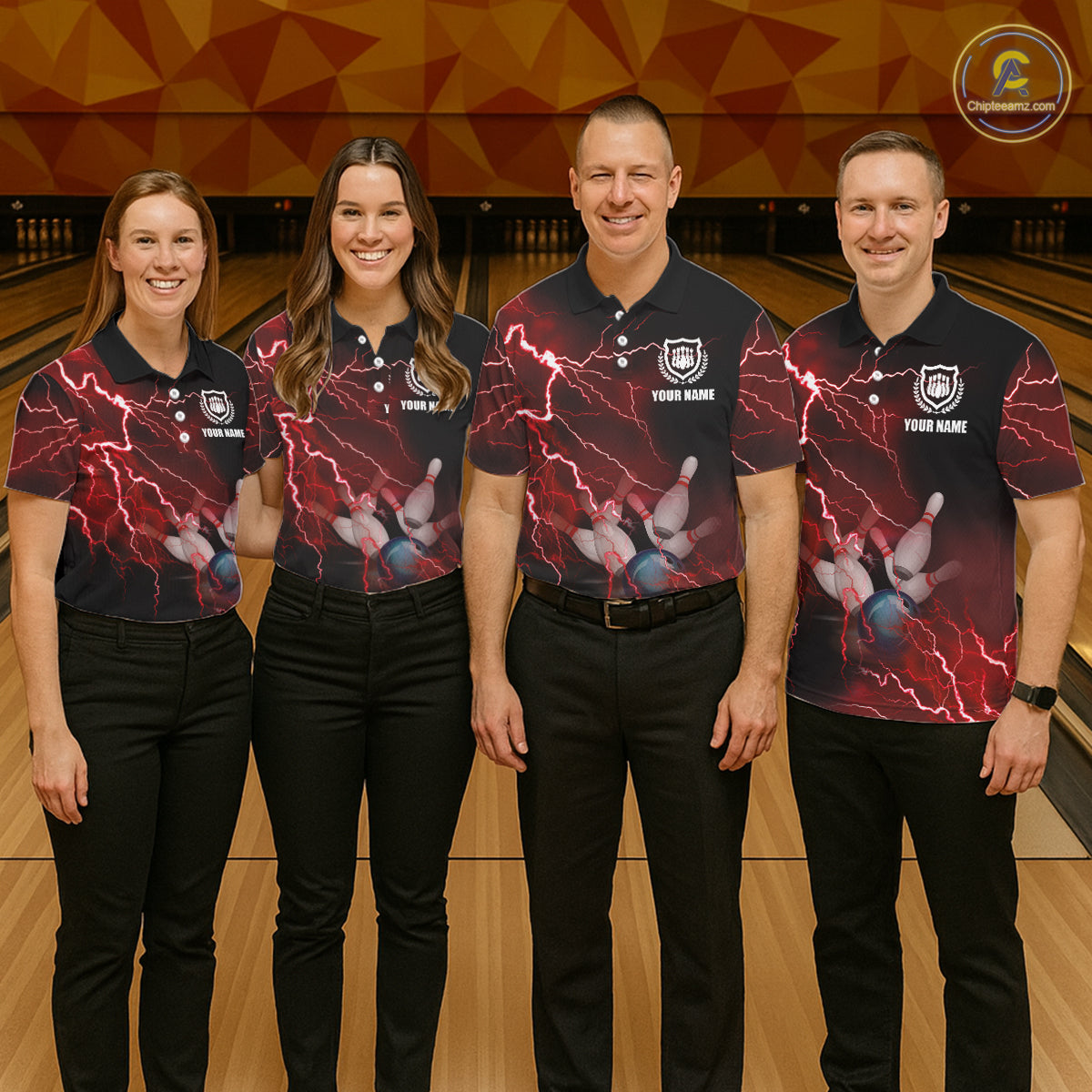 Women bowling polo shirts Custom red lightning thunder Bowling Team Jersey, gift for team Bowlers NQS6145