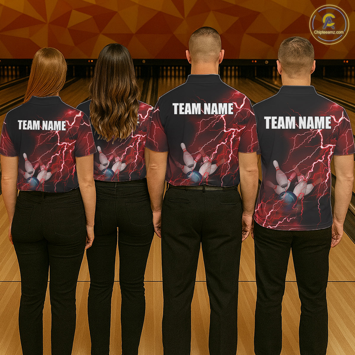 Women bowling polo shirts Custom red lightning thunder Bowling Team Jersey, gift for team Bowlers NQS6145