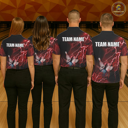 Women bowling polo shirts Custom red lightning thunder Bowling Team Jersey, gift for team Bowlers NQS6145