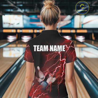 Women bowling polo shirts Custom red lightning thunder Bowling Team Jersey, gift for team Bowlers NQS6145