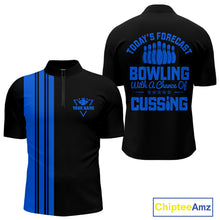 Load image into Gallery viewer, Black and Blue retro Bowling shirts for men custom Today's forecast bowling with a chance of cussing NQS10453