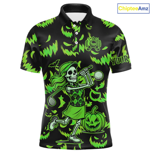Green and Black Halloween Pattern Funny Skull Golf polo shirt for men Custom Halloween Mens golf top NQS10662