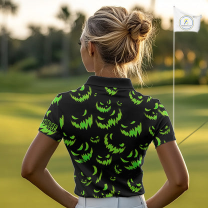 Green and Black Halloween Pattern Funny Skull Golf polo shirt for Women Custom Halloween golf top NQS10662