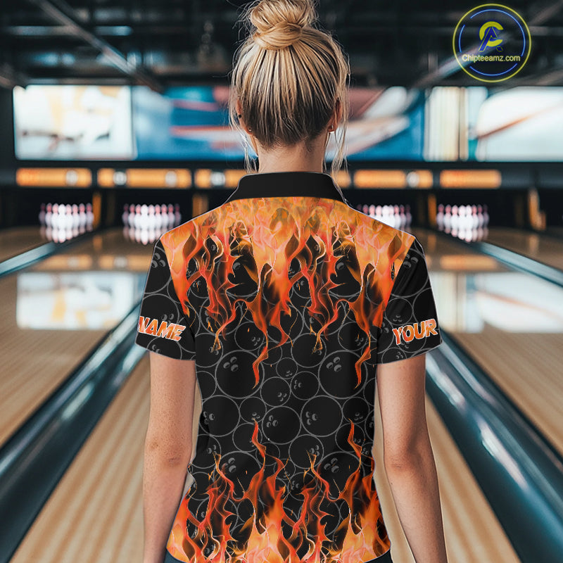 Black and Orange Flame camo Women bowling shirts Custom Flame Bowling Shirt Team Bowling Jersey NQS10667
