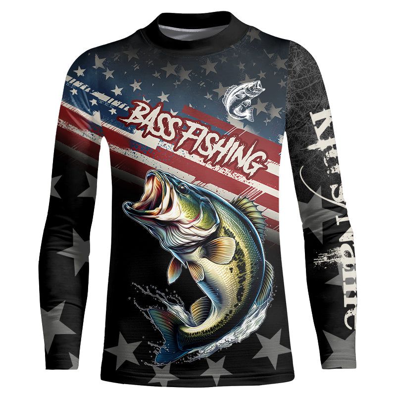 Largemouth Bass Fishing American Flag Custom black camo patriotic fishing long sleeve shirts NQS8736