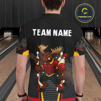 Black and Red Funny Moose Bowling Team Polo, Quarter Zip Shirts For Men Custom bowling jerseys men NQS11064