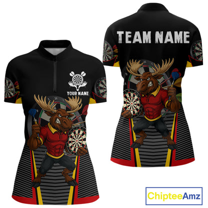 Black and Red Funny Moose Darts Polo, Quarter Zip Shirts For Women Custom Darts Team Jerseys NQS11065