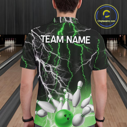 Men's bowling Polo, Quarter Zip shirts Custom Green lightning thunder team bowling league jerseys NQS11262
