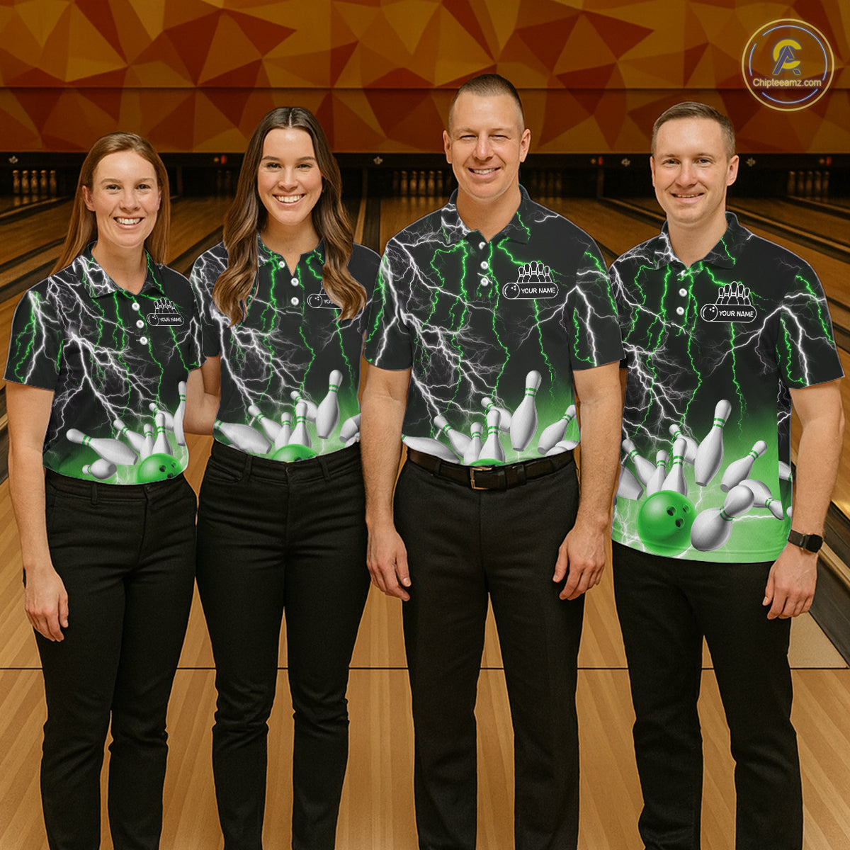 Women's bowling Polo, Quarter Zip shirts Custom Green lightning thunder team bowling league jerseys NQS11262